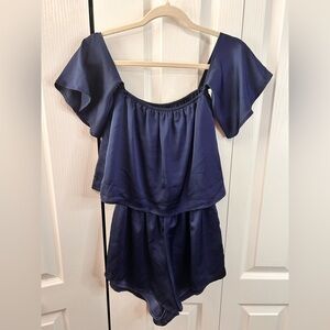 Reverse Women’s Size Small Off The Shoulder Romper Flutter Sleeve Navy Blue